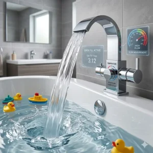 Close-up of a high-pressure faucet technology used in the best quick-fill bathtubs for busy families 2026.