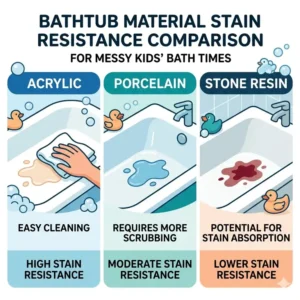 An informative chart comparing various stain-resistant bathtub materials for kids' bath time 2026 such as acrylic, porcelain, and stone resin.
