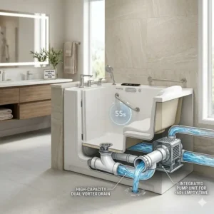 Technical diagram showing how the best ADA compliant walk-in tub with fast drain technology 2026 empties quickly.