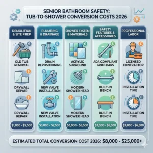 An informative chart detailing the labor and material cost of converting tub to walk-in shower for seniors 2026.