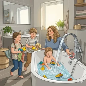 Happy children playing in one of the best quick-fill bathtubs for busy families 2026 during bath time.
