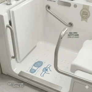 Close-up of the non-slip floor and grab bars in the best ADA compliant walk-in tub with fast drain technology 2026.