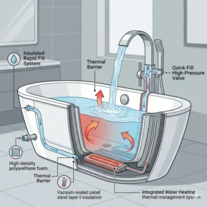 Technical diagram showing the heat retention of the best quick-fill bathtubs for busy families 2026.