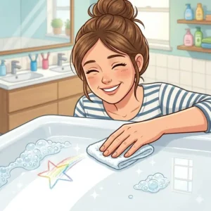 A parent easily wiping away grime from stain-resistant bathtub materials for kids' bath time 2026 using only a soft damp cloth.