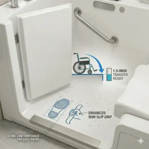 Showing the ultra-low entry threshold of the best ADA compliant walk-in tub with fast drain technology 2026.