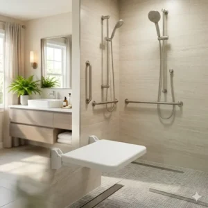 Close-up of safety grab bars and a built-in bench included in the cost of converting tub to walk-in shower for seniors 2026.