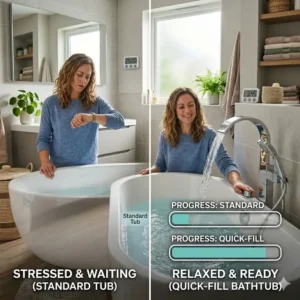 Comparison of filling speed between standard tubs and the best quick-fill bathtubs for busy families 2026.