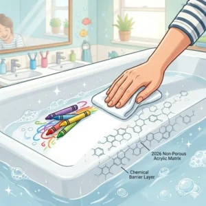Demonstrating how bath crayons and paints won't damage stain-resistant bathtub materials for kids' bath time 2026 due to their chemical-resistant surface.