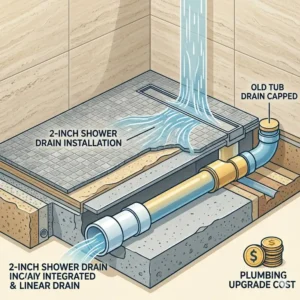 Illustration of drain relocation and plumbing upgrades necessary for the cost of converting tub to walk-in shower for seniors 2026.