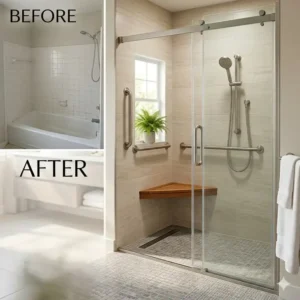 A side-by-side before and after transformation highlighting the cost of converting tub to walk-in shower for seniors 2026.
