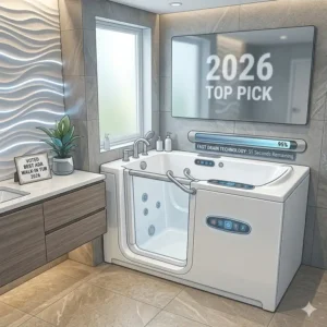 Modern bathroom interior design showcasing the best ADA compliant walk-in tub with fast drain technology 2026.